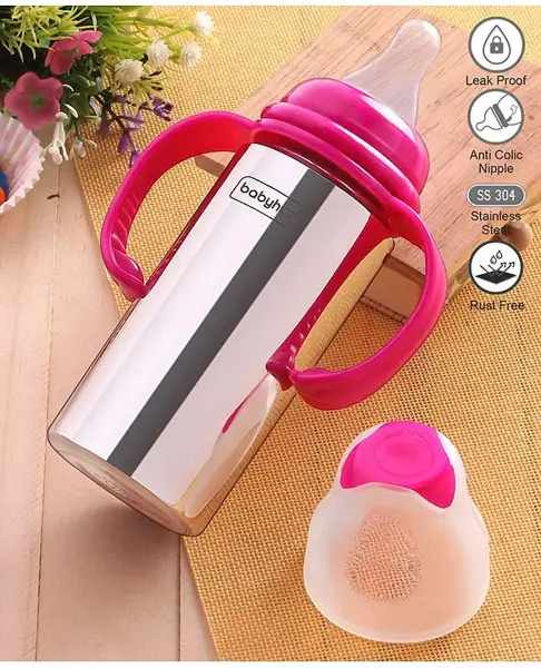 Babyhug Stainless Steel Feeding Bottle with Twin Handles  Pink  250ml