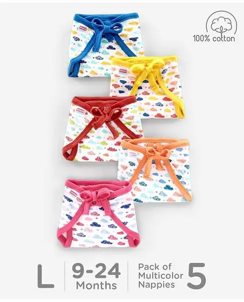 Babyhug Interlock Cloth Nappy Set of 5 Large - Cloud Print