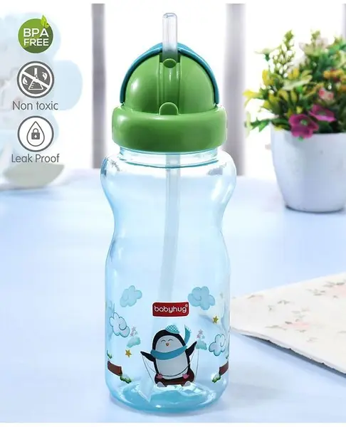 Babyhug Straw Sipper Bottle with Penguin Print - 300 ml  Blue