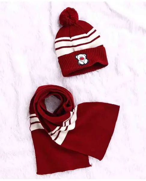 Babyhug Woollen Cap With Muffler Red - Diameter 11.5 cm
