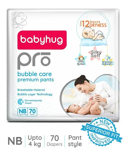 Babyhug Pro Bubble Care Premium Pant Style Diaper New Born (NB) Size - 70 Pieces - New & Improved Superior Fit