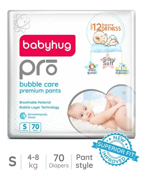 Babyhug Pro Bubble Care Premium Pant Style Diaper Small (S) Size - 70 Pieces - New & Improved Superior Fit