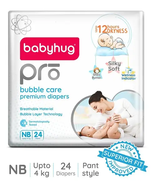 Babyhug Pro Bubble Care Premium Pant Style Diapers New Born (NB) Size - 24 Pieces - New & Improved Superior Fit