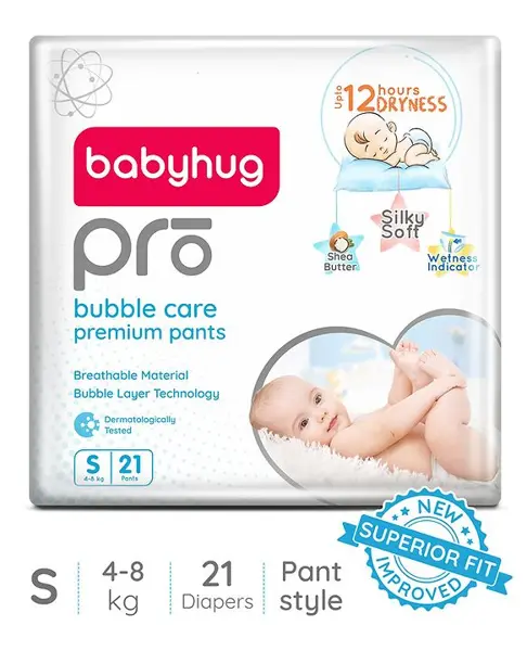 Babyhug Pro Bubble Care Premium Pant Style Diapers Small (S) Size - 21 Pieces - New & Improved Superior Fit