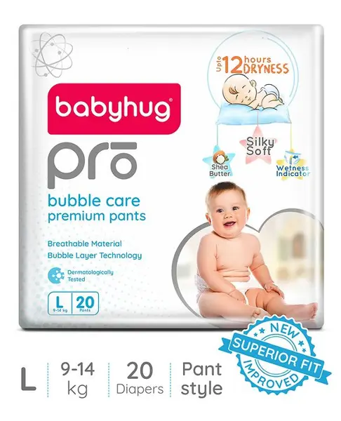 Babyhug Pro Bubble Care Premium Pant Style Diapers Large (L) Size - 20 Pieces - New & Improved Superior Fit