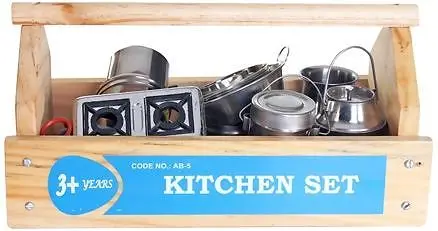 Little Genius Steel Kitchen Set With Wooden Container (Color May Vary)