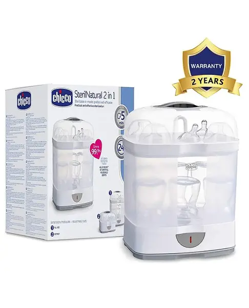 Chicco Baby Feeding Bottle Sterilizer 2 in 1 for 6 Bottles & Accessories - White