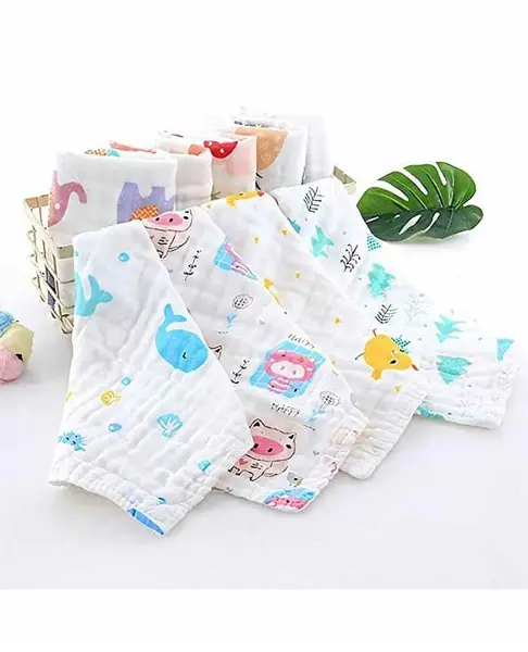 Elementary Premium 6 Layered Ultra Soft Muslin Cotton Wash Cloth - Pack of 4 (Colour & Print May Vary)