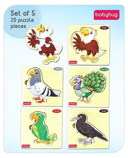 Babyhug Blossoms Birds Theme Wooden 4 Piece Board Puzzles Set of 5 - Multicolor