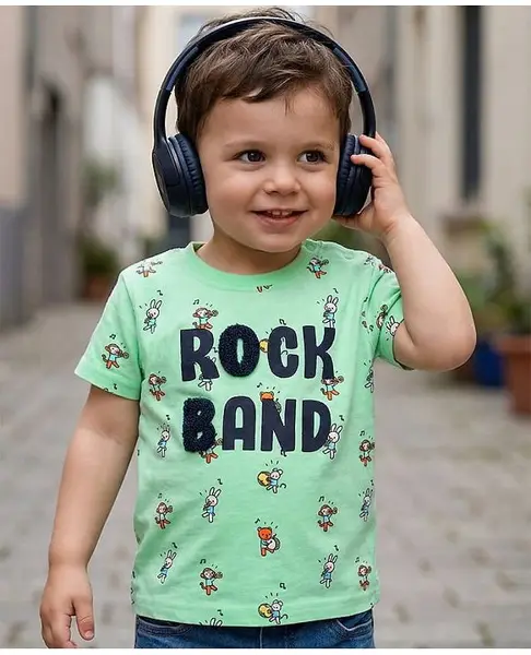 Babyoye Half Sleeves Tee Rock Band Print - Green