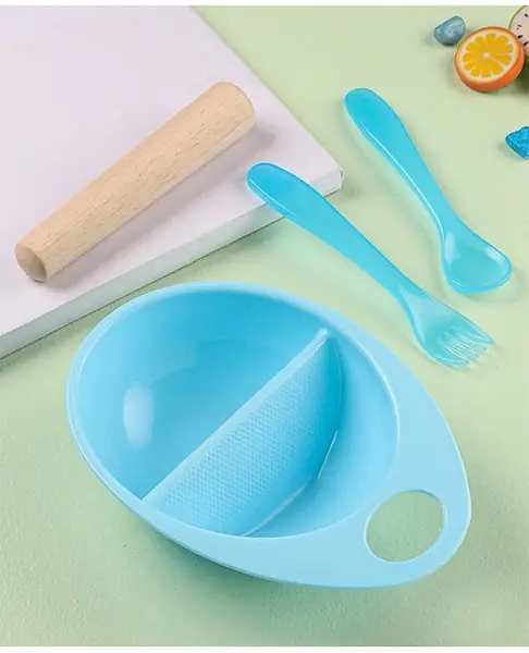 Feeding Bowl With Spoon Fork & Food Masher - Blue
