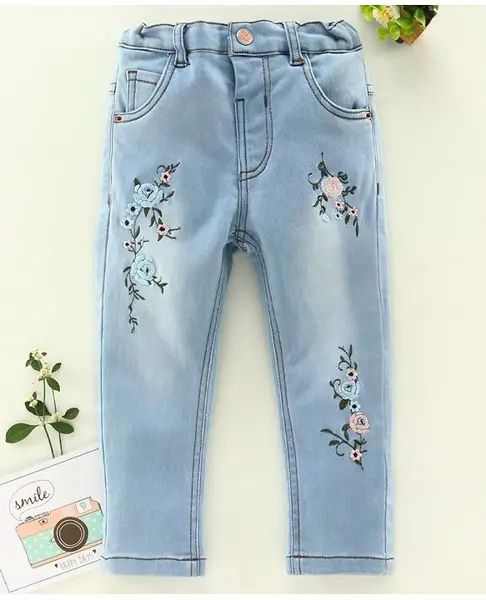 ToffyHouse Full Length Jeans With Adjustable Elastic Floral Embroidery - Light Blue