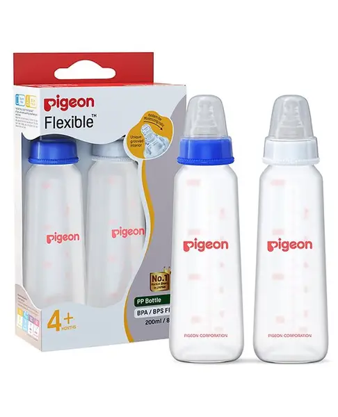 Pigeon Peristaltic Feeding Bottle Nipple Size Medium Pack of 2 Blue White - 200 ml each