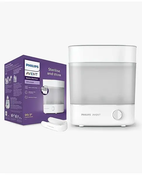 Avent Advance Bottle Sterilizer 10 mins Cycle Natural Steam Sterilization Capacity of 6 Baby Bottles - White