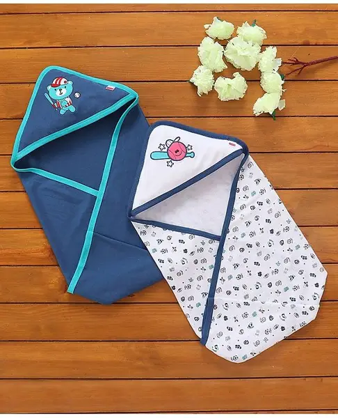 Babyhug Hooded Wrapper Sports Print Pack of 2 - Blue and White