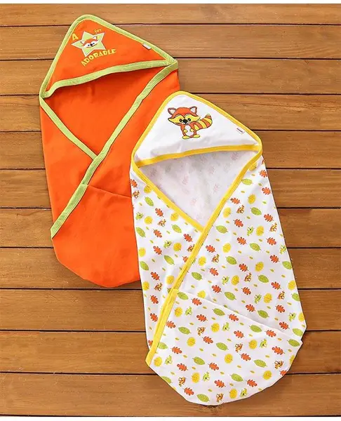 Babyhug Hooded Wrapper Racoon Print Pack of 2 - Multicolour
