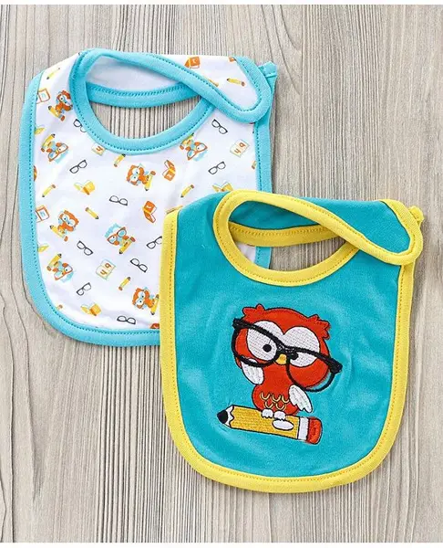 Babyhug Cotton Bib With Velcro Owl Print Pack of 2 - Blue