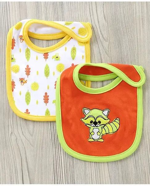 Babyhug Cotton Bib With Velcro Racoon Print Pack of 2 - Yellow