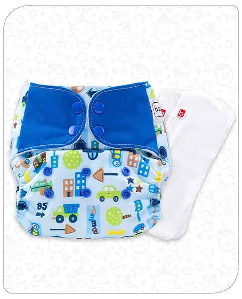 Babyhug Free Size Reusable Contrast Flap Closure Cloth Nappies With 2 SmartDry Inserts Vehicle print - Blue