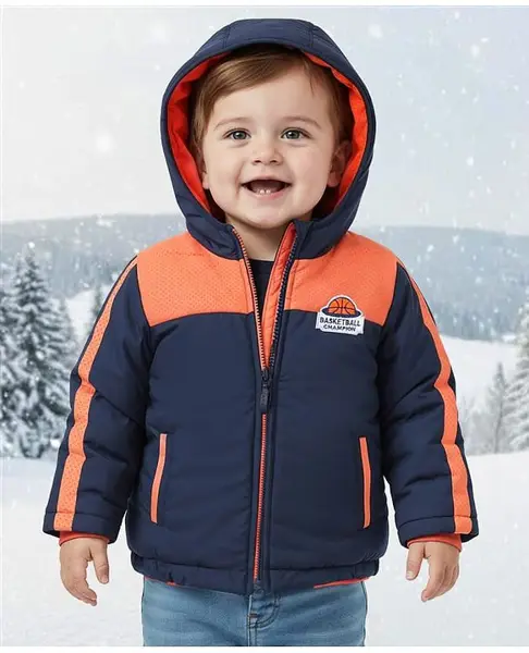Babyoye Full Sleeves Padded Hooded Jacket Basketball Champion Embroidery - Blue