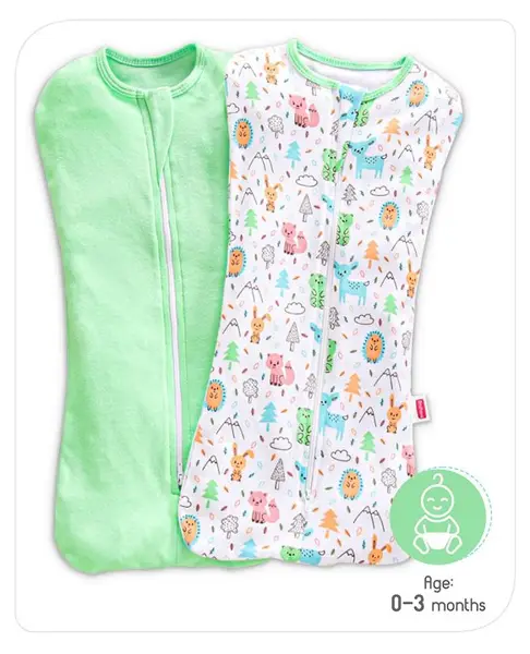 Babyhug Cotton Zipper Swaddle Animal Print Pack of 2 - Green White