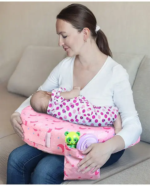 Babyhug Cotton Feeding Pillow With Belt Moon Print - Pink