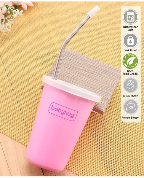 Babyhug Stainless Steel Tumbler With Airtight Lids & Straw Pink - 300 ml