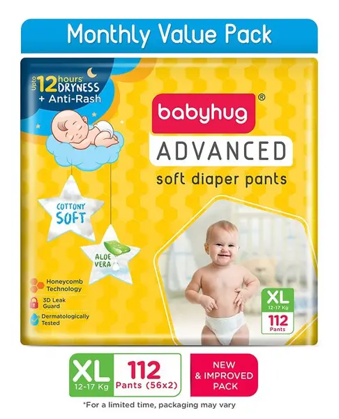 Babyhug Advanced Pant Style Diapers Extra Large (XL) Size  Monthly Box Pack - 112 Pieces  Honeycomb Technology  Cottony Soft Diaper with 3D Leak Guard  Latex & Alcohol Free  Anti-rash & G