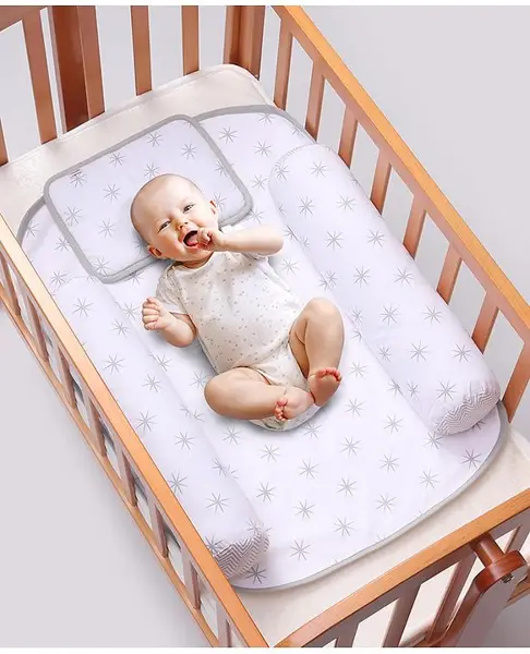 Babyhug 100% Premium Cotton Pillow Bolster & Diaper Changing Mat Set of 4 - Asterisk Grey