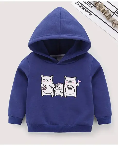 Kookie Kids Full Sleeves Hooded Sweatshirt Bear Embroidery - Royal Blue