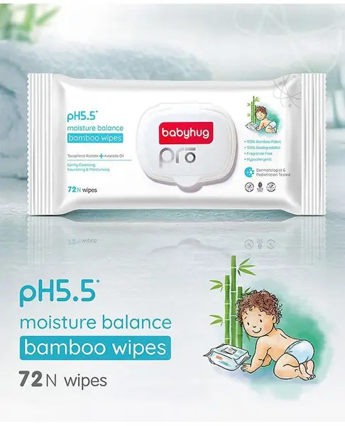 Babyhug Pro 98% Water pH 5.5 Moisture Balance Bamboo Wipes - 72 Pieces
